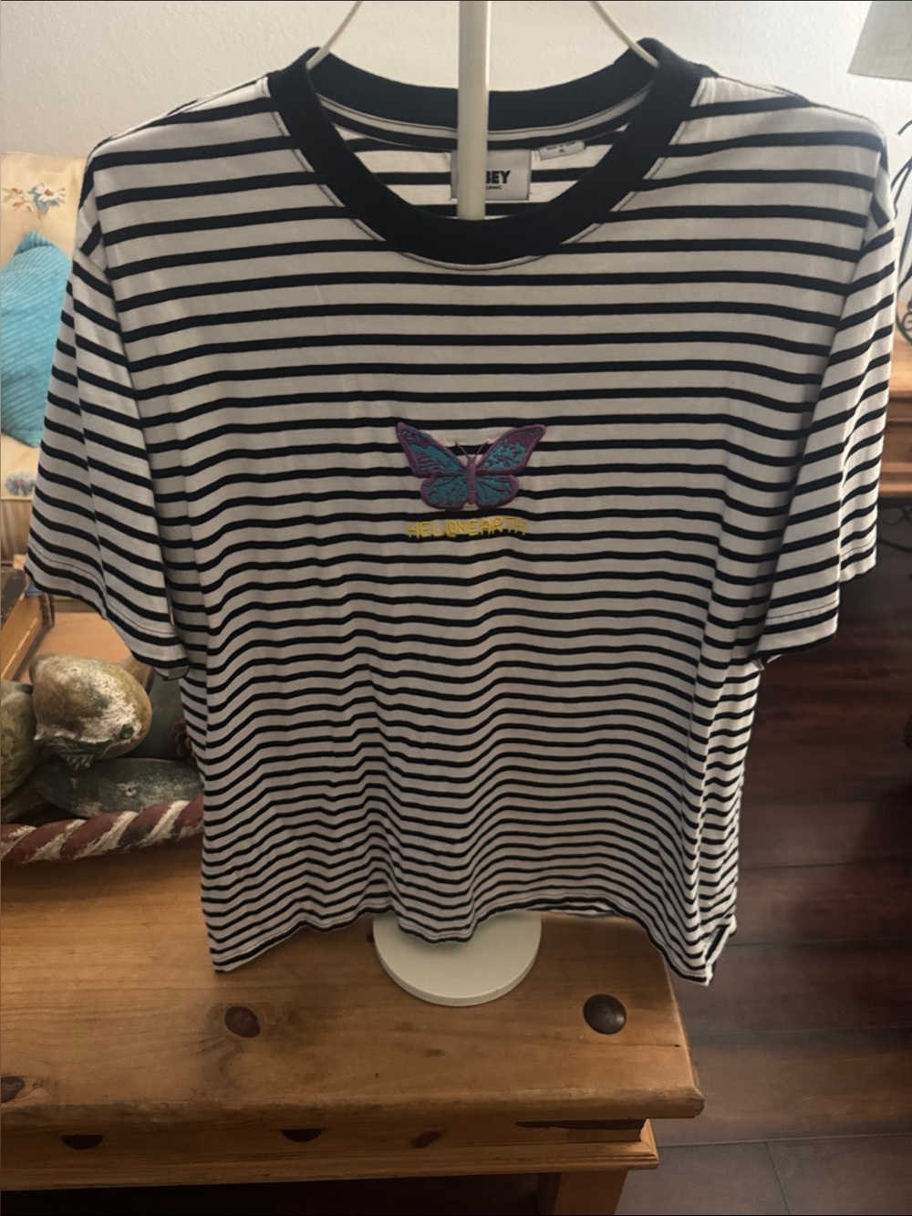 Obey Kids Black & White Striped Tee with Purple & Teal Butterfly
